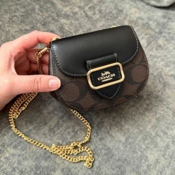 Coach Morgan Card Case On A Chain In Signature Canvas Brown Black CK439 With OG Box & Dust_Bag(LB)