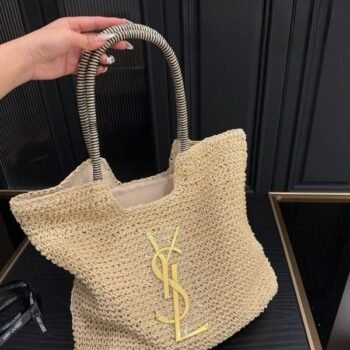 YSL Saint Laurent ICare Raffia Jute Tote Bag With OG Box & Dust Bag (Beige - 992)(BSB)