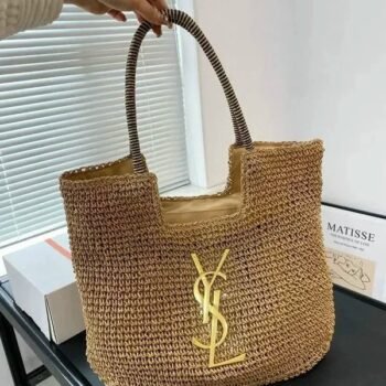 YSL Saint Laurent ICare Raffia Jute Tote Bag With OG Box & Dust Bag (Brown - 991)(BSB)