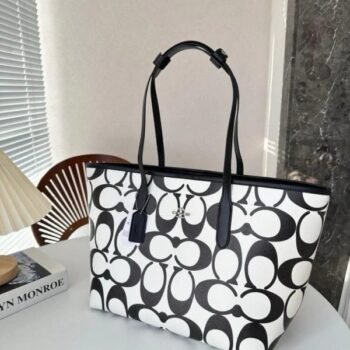 Coach Signature City Limited Edition Premium Tote Bag With OG Magnetic Box & Dust Bag (Black_White-874)(BSB)
