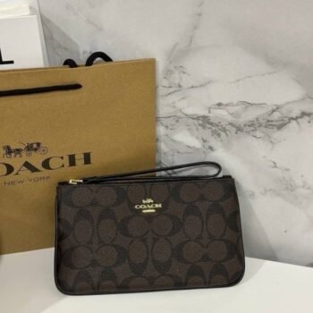 Coach Corner Zip Wristlet In Signature Canvas With Brown With OG Box & Dust Bag 101(LB)