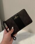 Coach Corner Zip Wristlet in Signature Brown Canvas With Black Stripe With OG Box_& Dust Bag 103(LB)