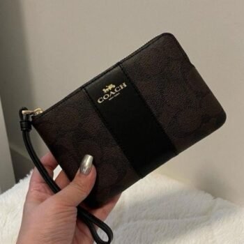 Coach Corner Zip Wristlet in Signature Brown Canvas With Black Stripe With OG Box_& Dust Bag 103(LB)