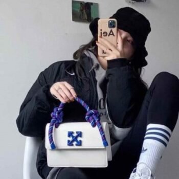 Off-White Leather Insert Gummy white with Metallic Blue Arrows At Front. Rope Handle Jitney 1.4 Shoulder Bag (D88532 White)(LB)
