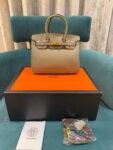 Hermes Apricot Grey Togo Leather Rose Gold Hardware Birkin Bag With Dust Bag & OG Box (BK25 Apricot Grey)(LB)