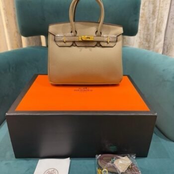 Hermes Apricot Grey Togo Leather Rose Gold Hardware Birkin Bag With Dust Bag & OG Box (BK25 Apricot Grey)(LB)