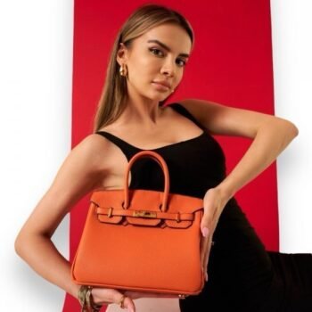 Hermes Orange Togo Leather Rose Gold Hardware Birkin Bag With Dust Bag & OG Box (BK25 Orange)(LB)