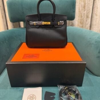 Hermes Black Togo Leather Rose Gold Hardware Birkin Bag With Dust Bag & OG Box (BK25 Black)(LB)