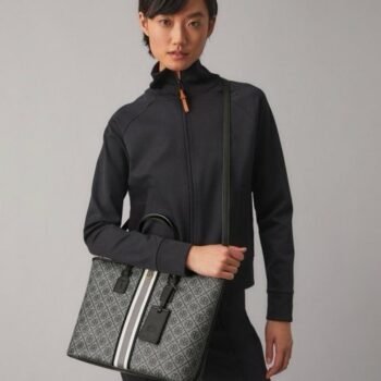 Tory Burch T Monogram Coated Canvas Tote Bag Navy With Dust Bag