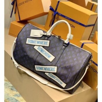 Louis Vuitton LV M58979 Keepall Bandoulire Somewhere Somehow Premium Monogram Unisex Duffle Bag With Dust Bag & Accessories (Orchid - 682)